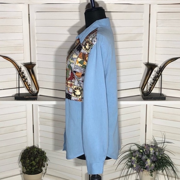 Vintage 90s Cascade Blues Christmas Patchwork Shirt Blue Medium - Picture 4 of 10